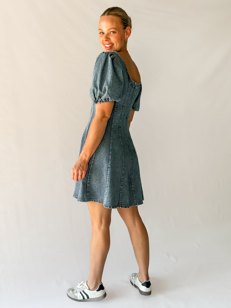 RAYA DENIM MINI DRESS - MID BLUE WASH