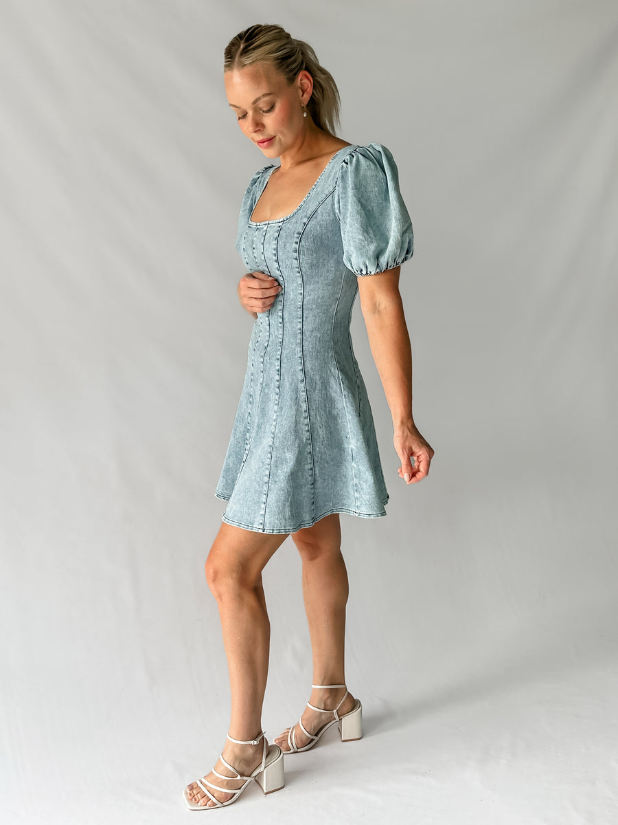 RAYA DENIM MINI DRESS - BLUE WASH