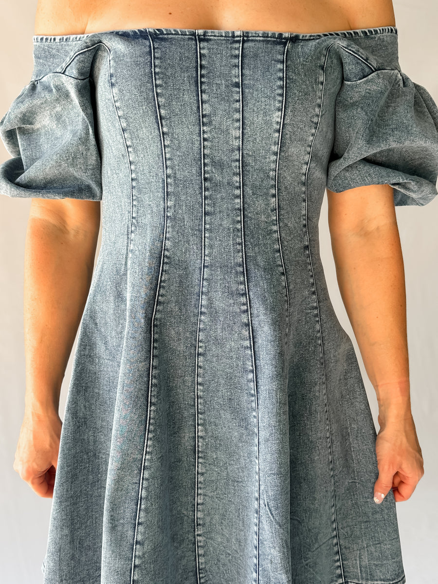 RAYA DENIM MINI DRESS - MID BLUE WASH