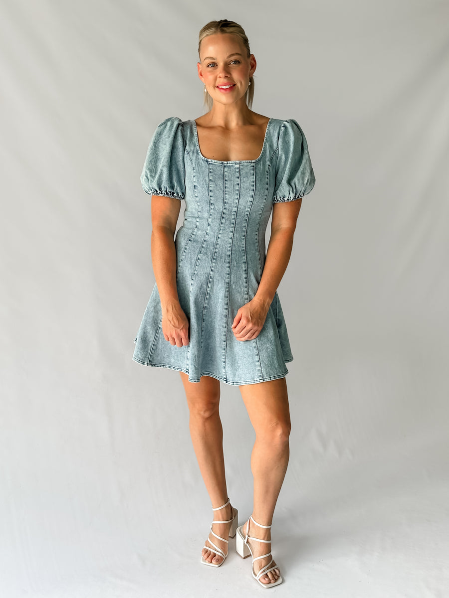 RAYA DENIM MINI DRESS - BLUE WASH