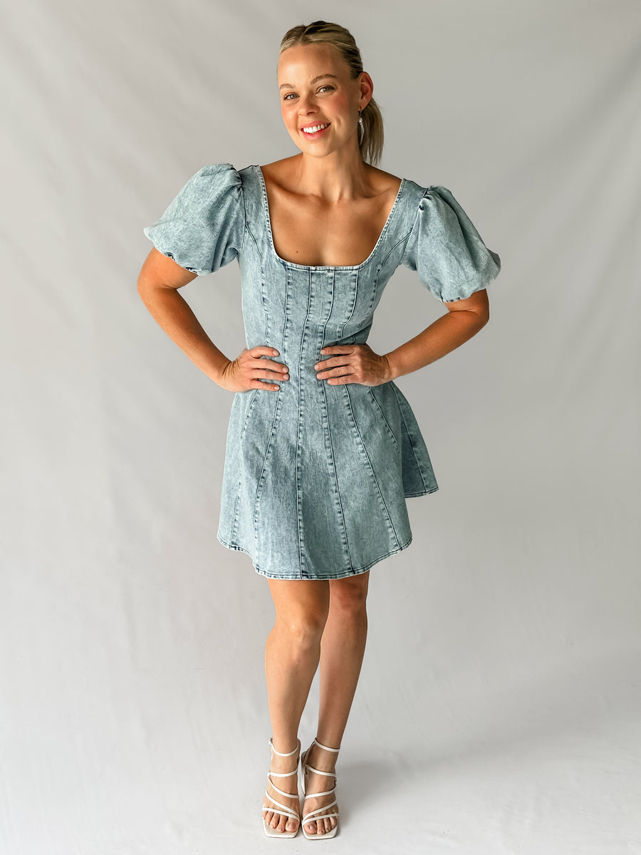 RAYA DENIM MINI DRESS - BLUE WASH