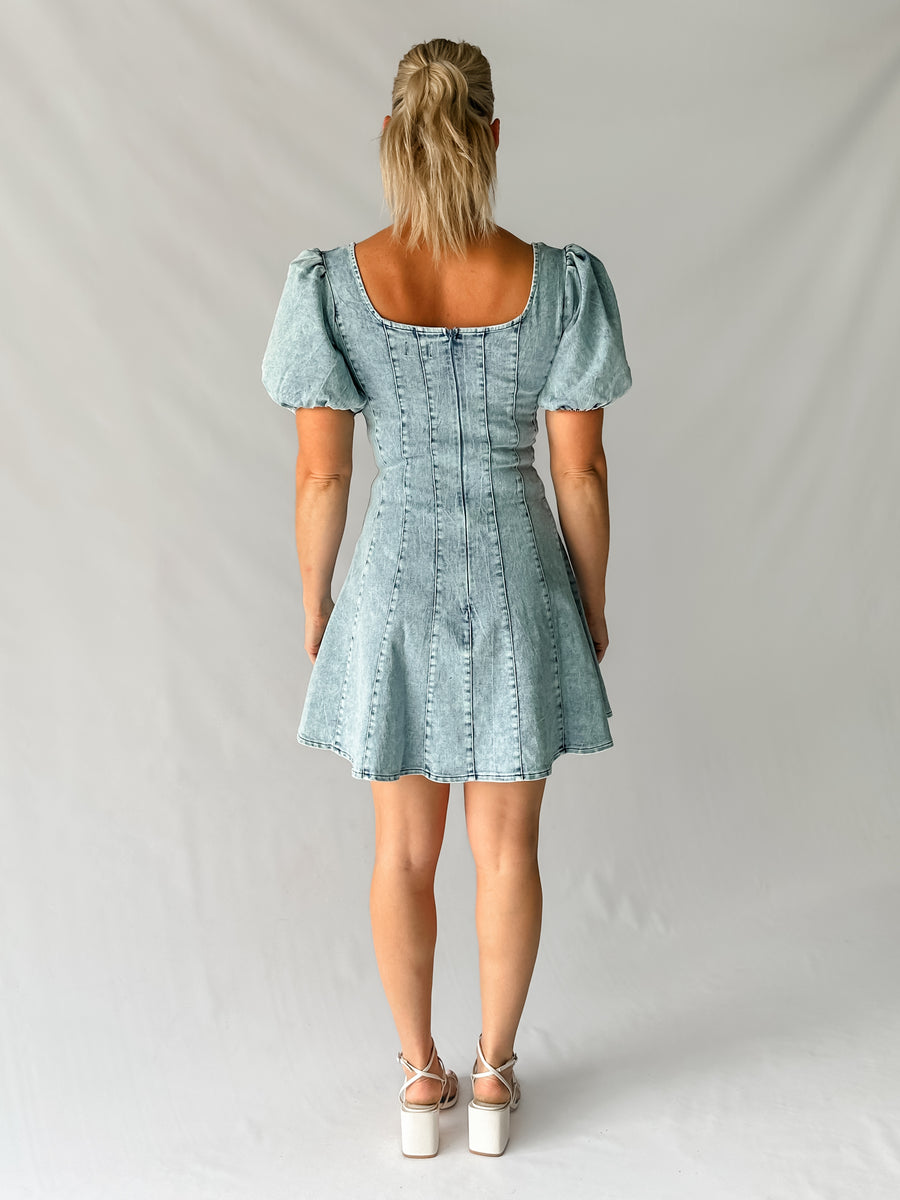 RAYA DENIM MINI DRESS - BLUE WASH