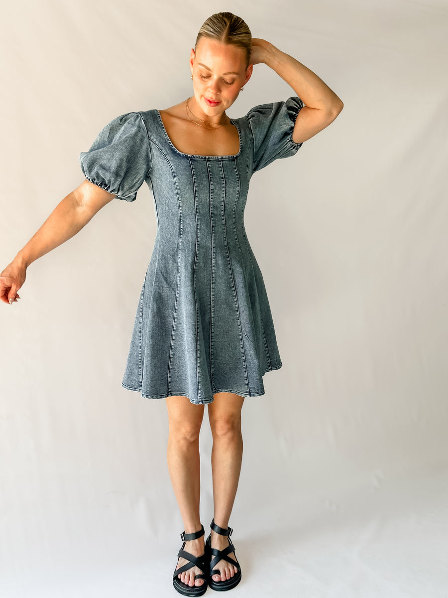 RAYA DENIM MINI DRESS - MID BLUE WASH