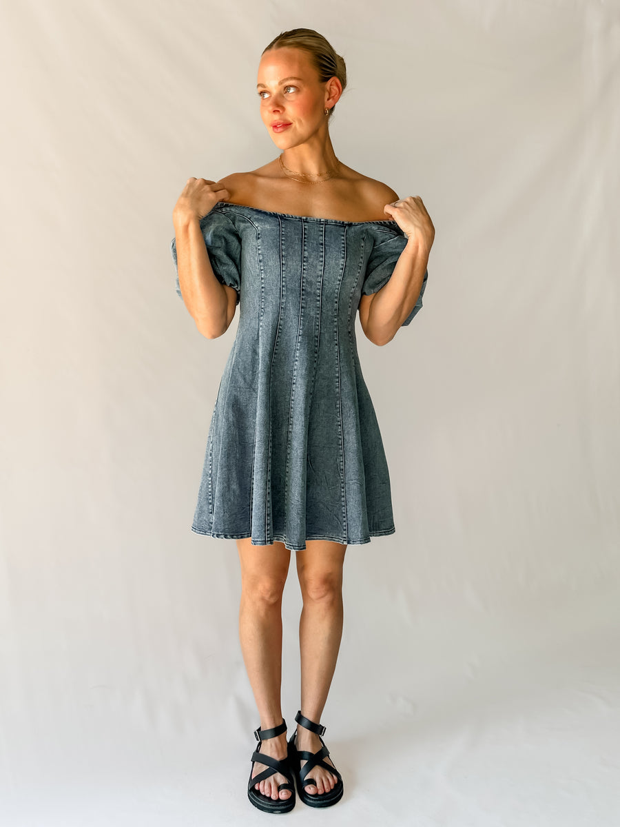 RAYA DENIM MINI DRESS - MID BLUE WASH