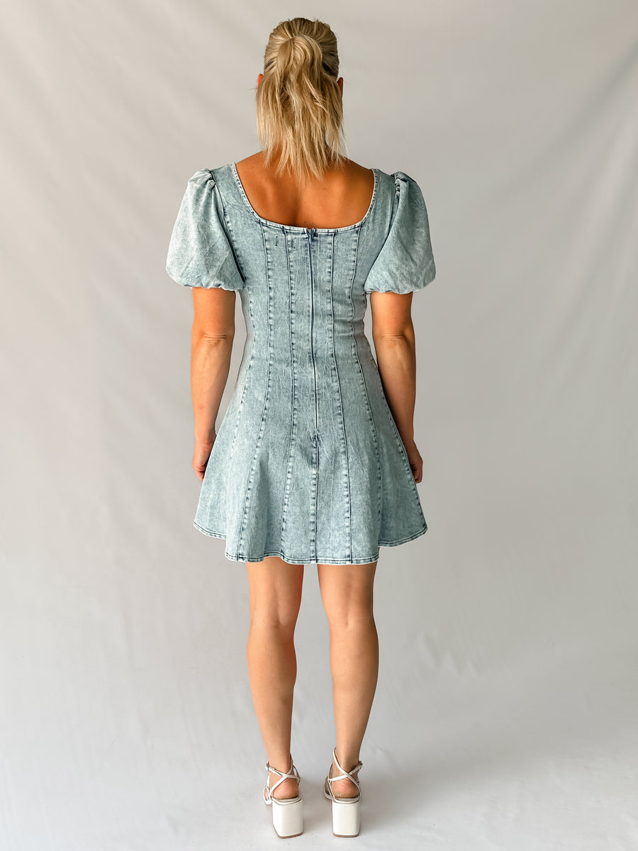 RAYA DENIM MINI DRESS - BLUE WASH