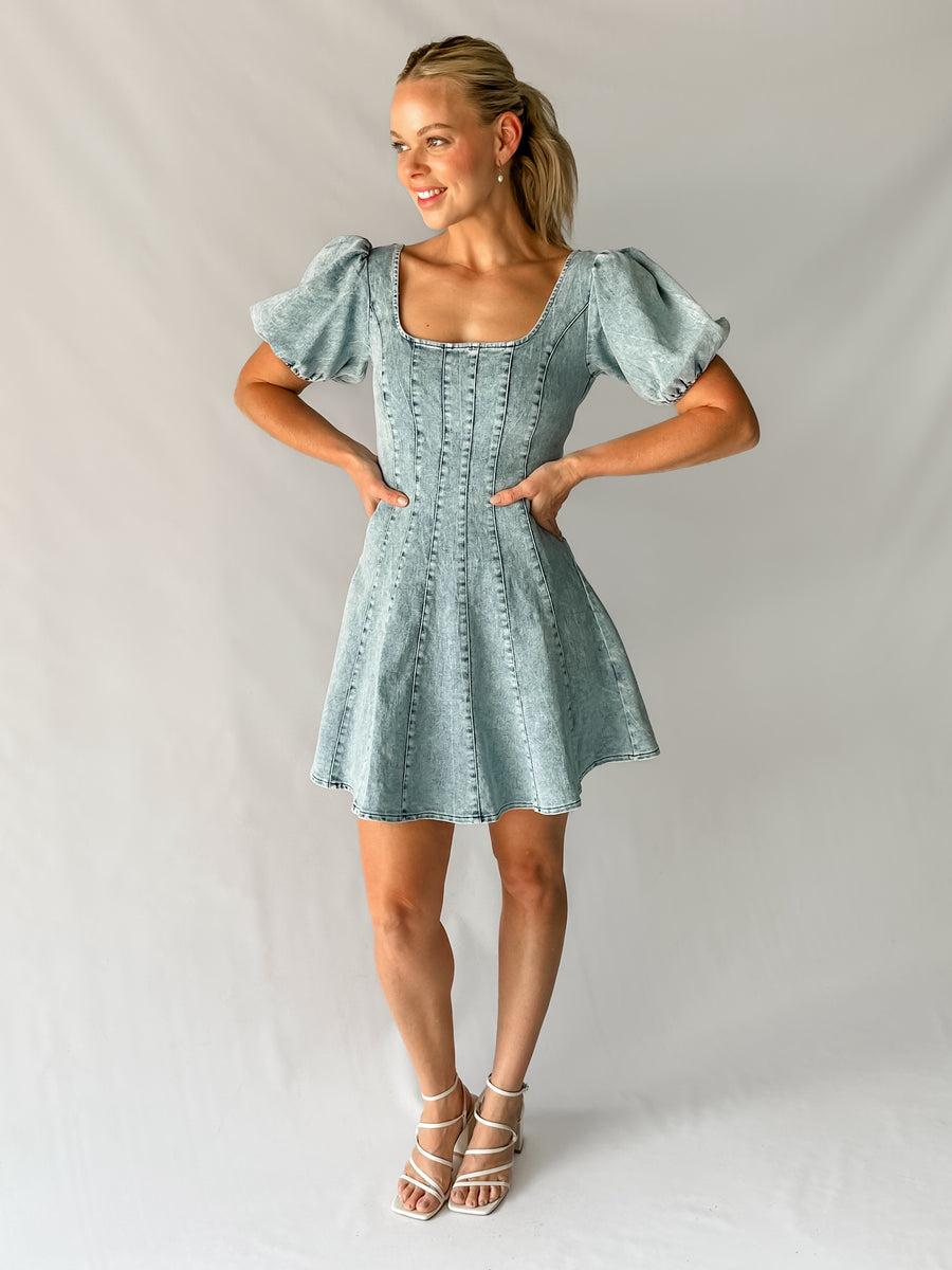 RAYA DENIM MINI DRESS - BLUE WASH