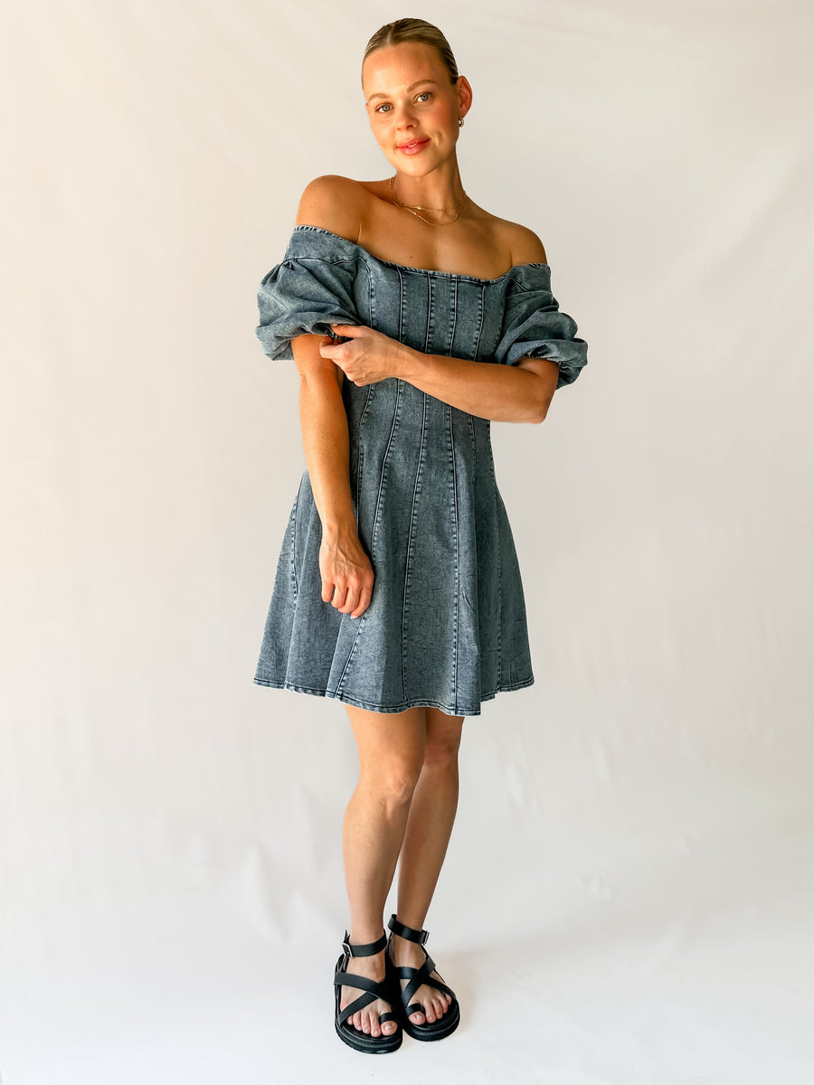 RAYA DENIM MINI DRESS - MID BLUE WASH