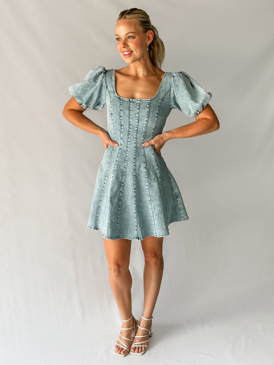 RAYA DENIM MINI DRESS - BLUE WASH