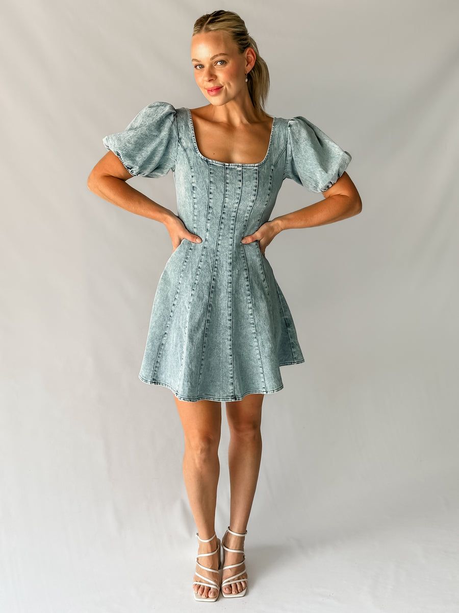 RAYA DENIM MINI DRESS - BLUE WASH