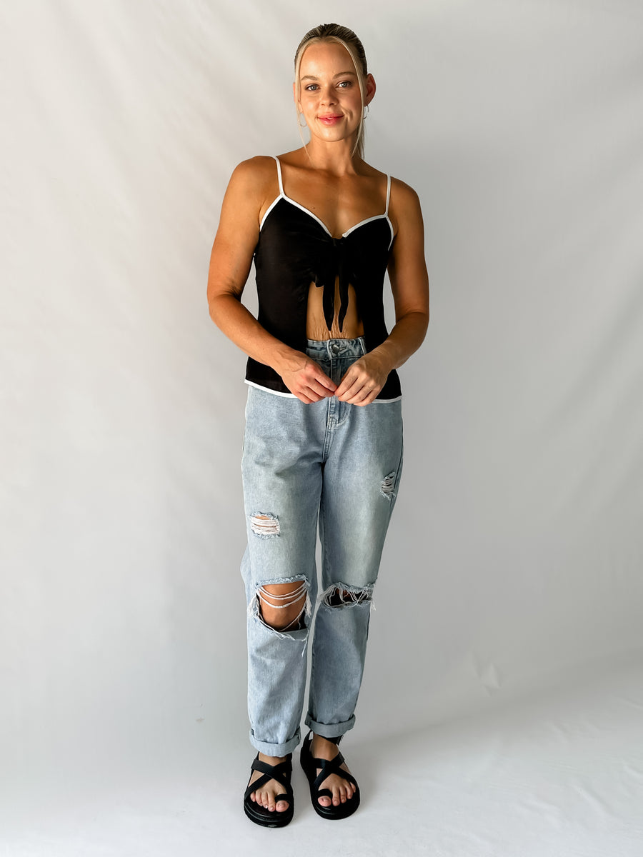 ALESSIA TIE FRONT TOP - BLACK