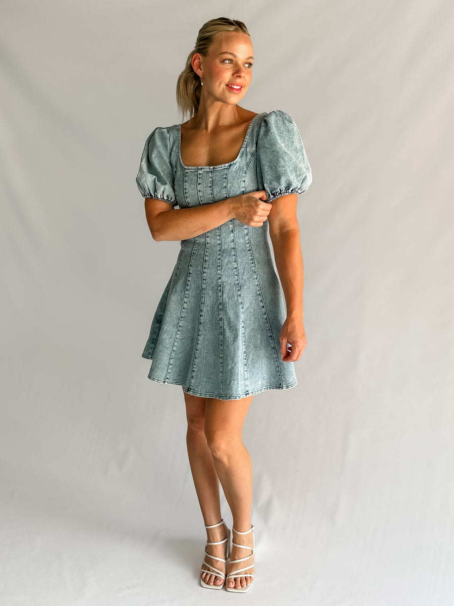 RAYA DENIM MINI DRESS - BLUE WASH