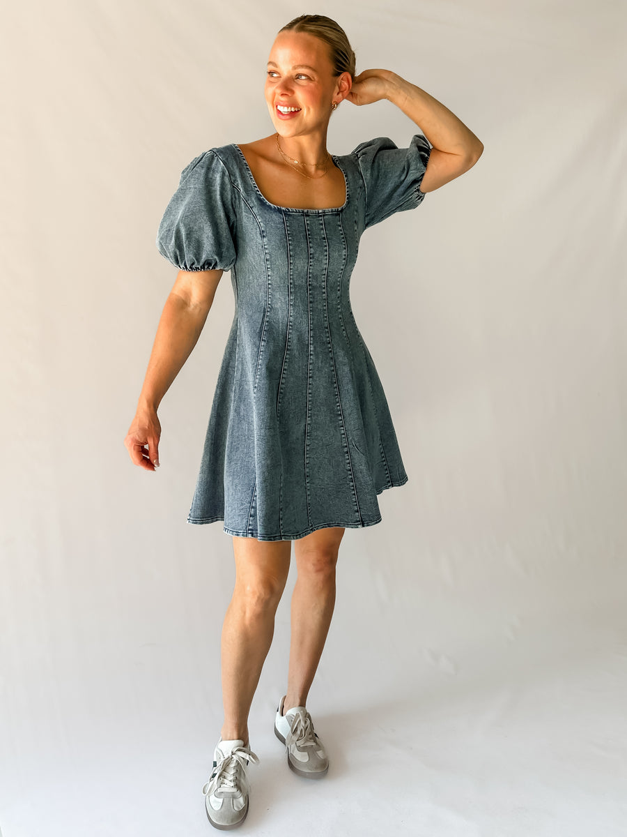 RAYA DENIM MINI DRESS - MID BLUE WASH