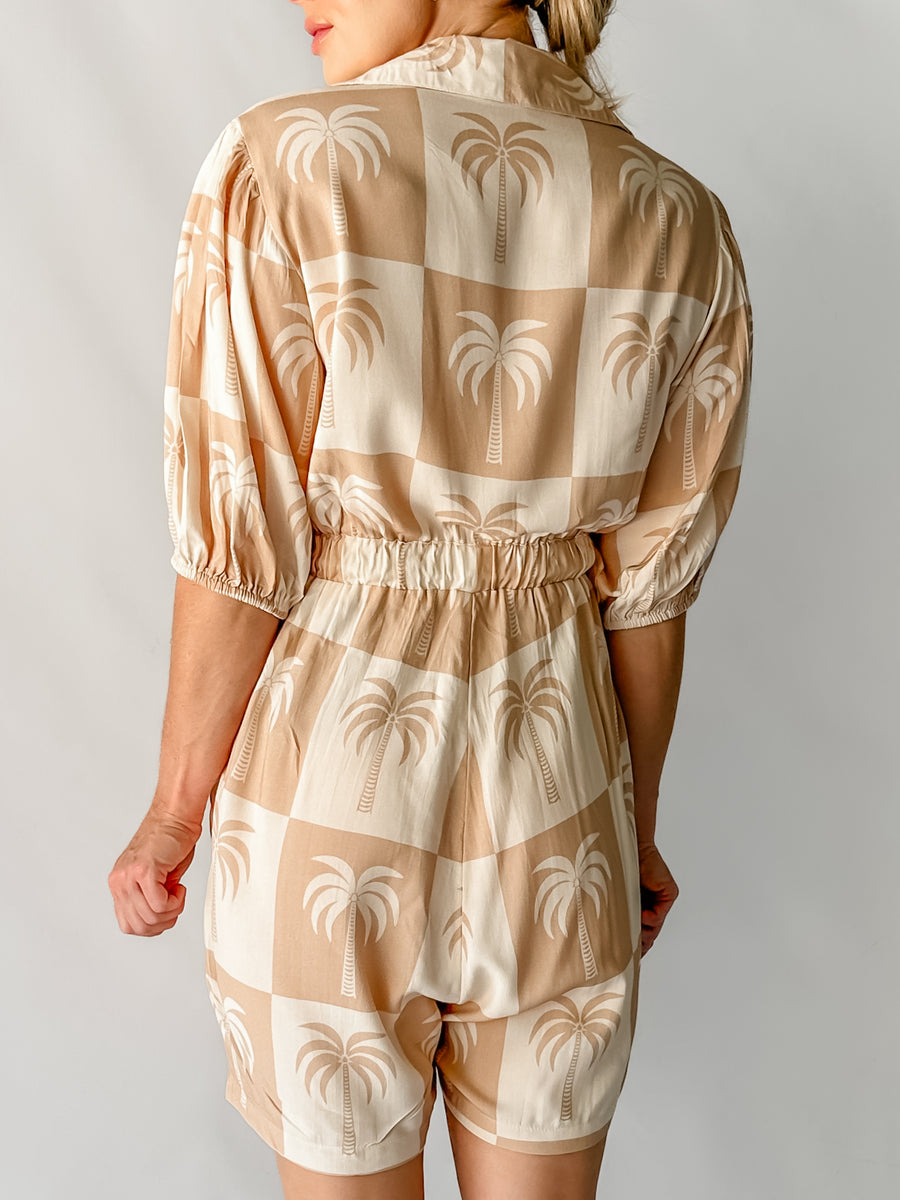 PARADISE PLAYSUIT - NEUTRAL PALM PRINT