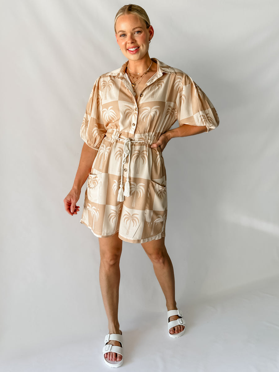 PARADISE PLAYSUIT - NEUTRAL PALM PRINT