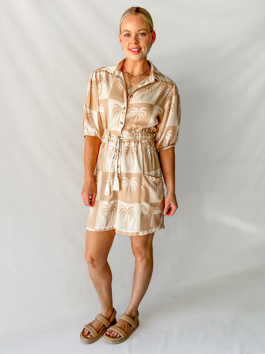 PARADISE PLAYSUIT - NEUTRAL PALM PRINT