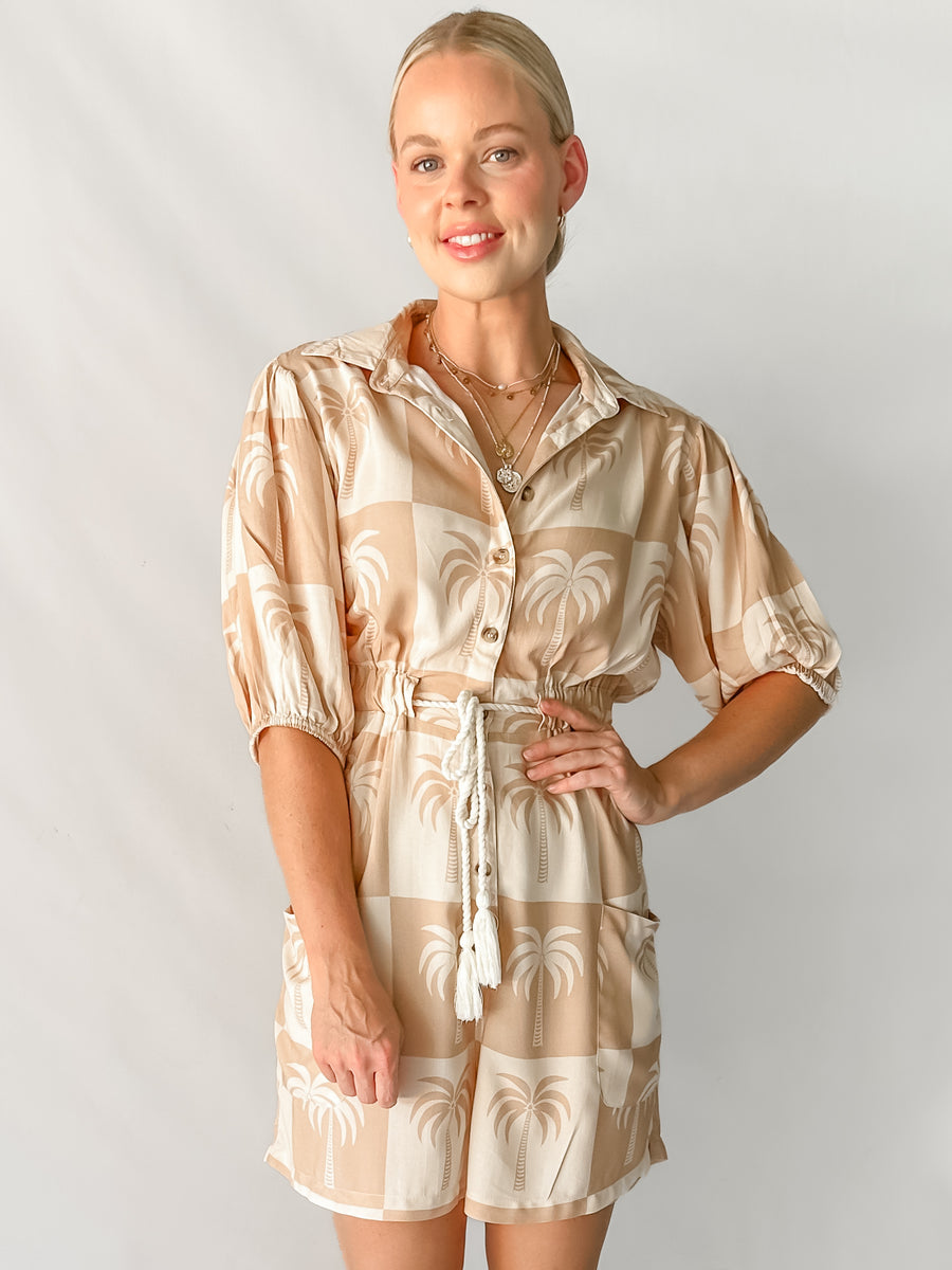 PARADISE PLAYSUIT - NEUTRAL PALM PRINT