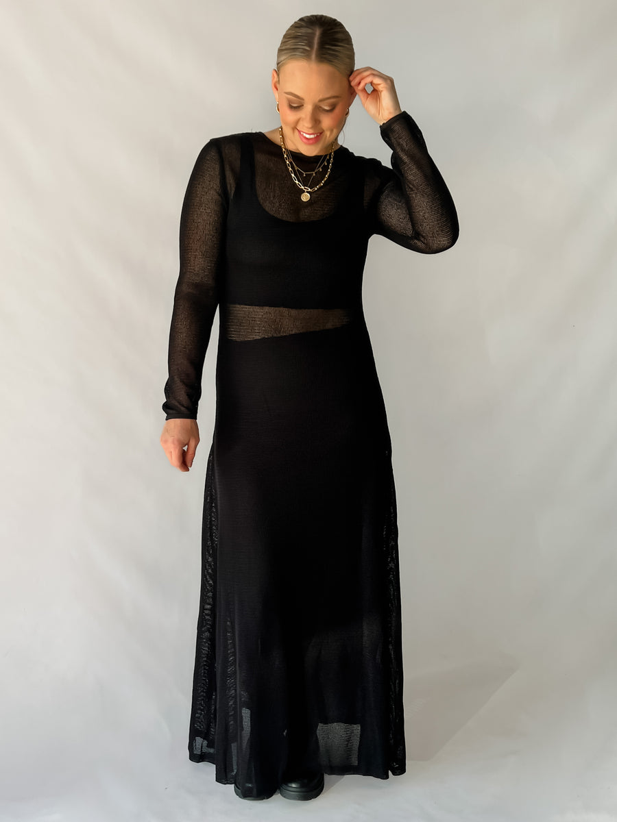 CHELLA KNIT MESH DRESS WITH SLIP - BLACK