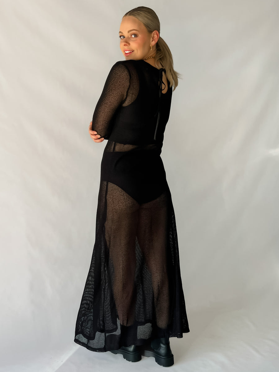 CHELLA KNIT MESH DRESS WITH SLIP - BLACK