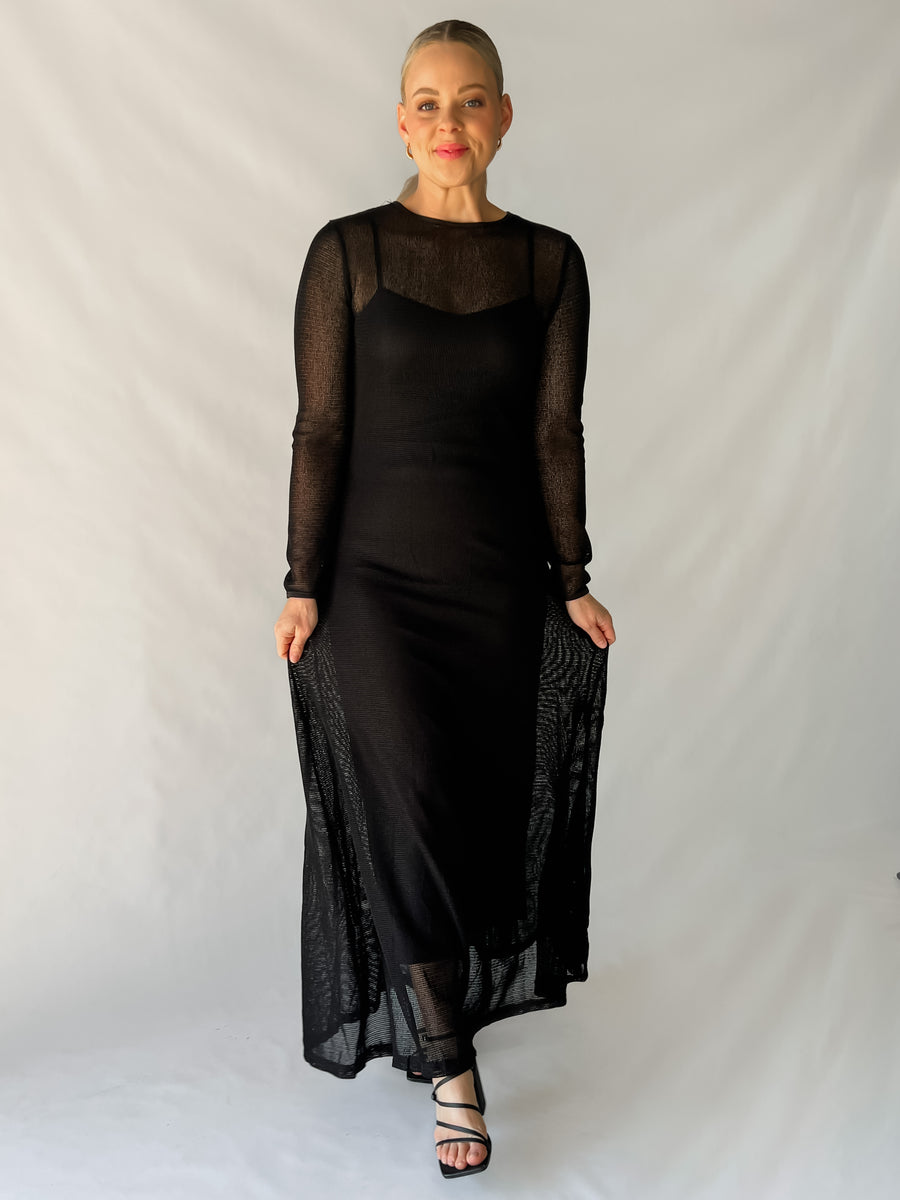 CHELLA KNIT MESH DRESS - BLACK