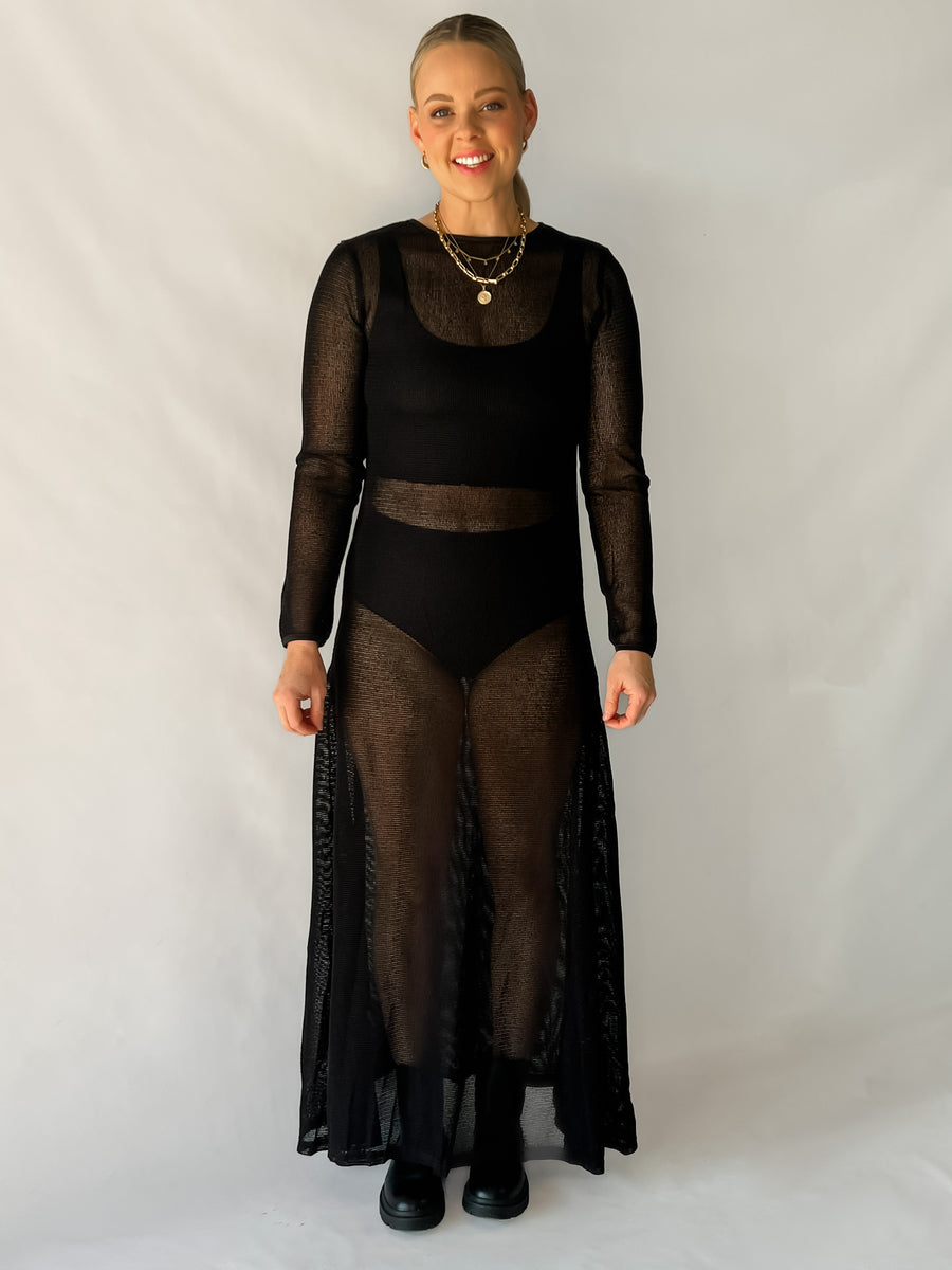 CHELLA KNIT MESH DRESS - BLACK