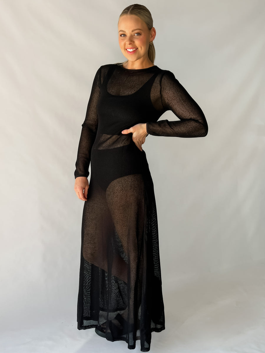 CHELLA KNIT MESH DRESS - BLACK