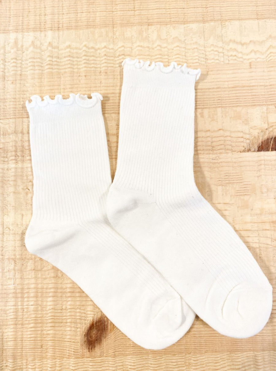 COTTON FRILL RIBBED CREW SOCKS - WHITE